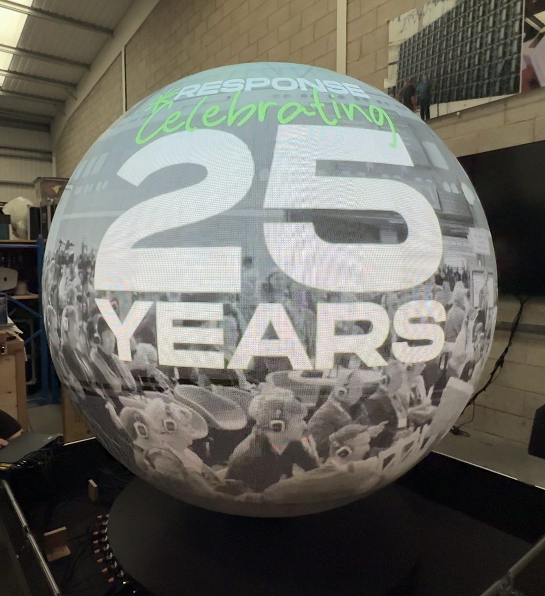 2m LED video sphere displaying Celebrating 25 Years content